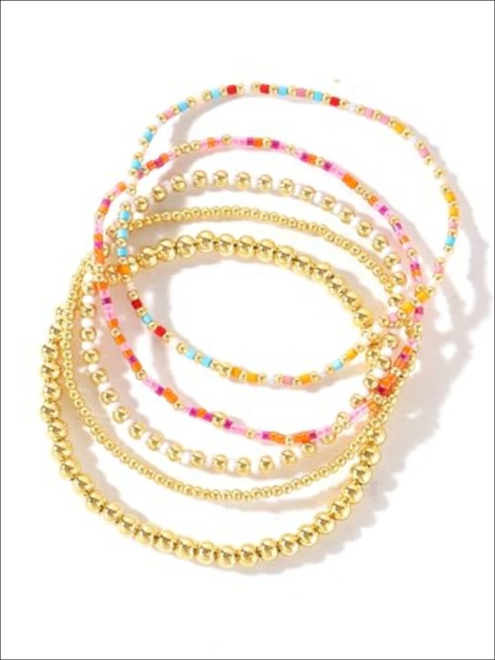 Gold Beaded Bracelet Stack for Women Handmade Stretch Waterproof Boho 5-Piece